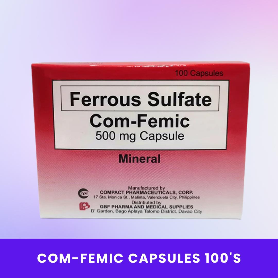 Com‑Femic Ferrous Sulfate 500 mg Capsules | Iron Supplement for Healthy Blood & Energy | Treats & Prevents Iron-Deficiency Anemia | Supports Red Blood Cell Production | Easy OTC Capsules | FDA Registered DRP‑523‑01
